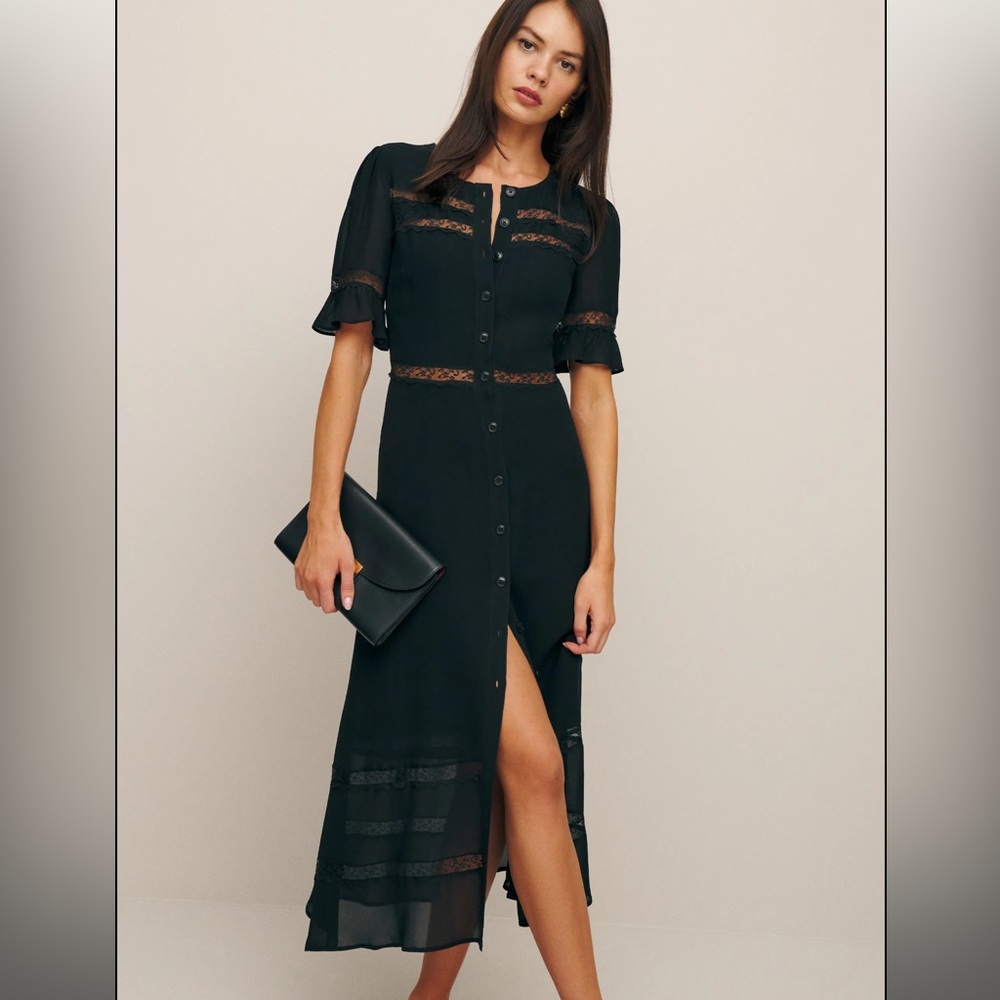 Reformation Black Lace-Trim Midi Button-Front Dress